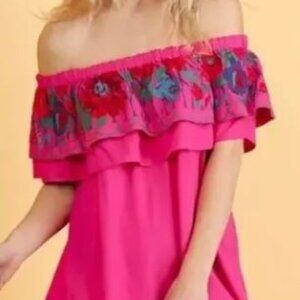 Umgee Fuchsia Off-Shoulder Swing Dress with Floral Details sizeXL